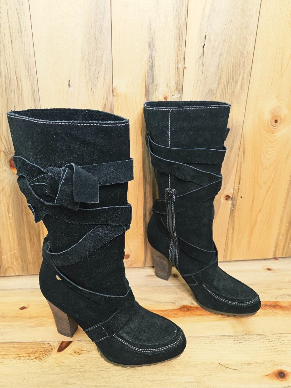 Calvin Klein Jeans Jill Black Suede Mid Calf Heeled Boots Size 10